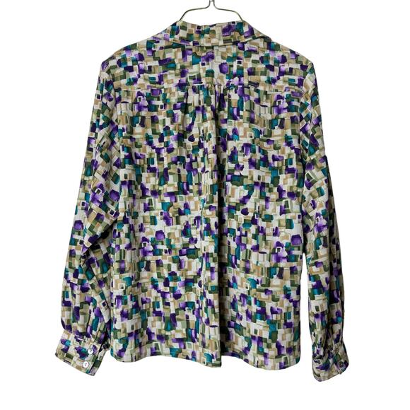 Bleyle VINTAGE teal purple cream block abstract print button up blouse LARGE - Picture 6 of 7